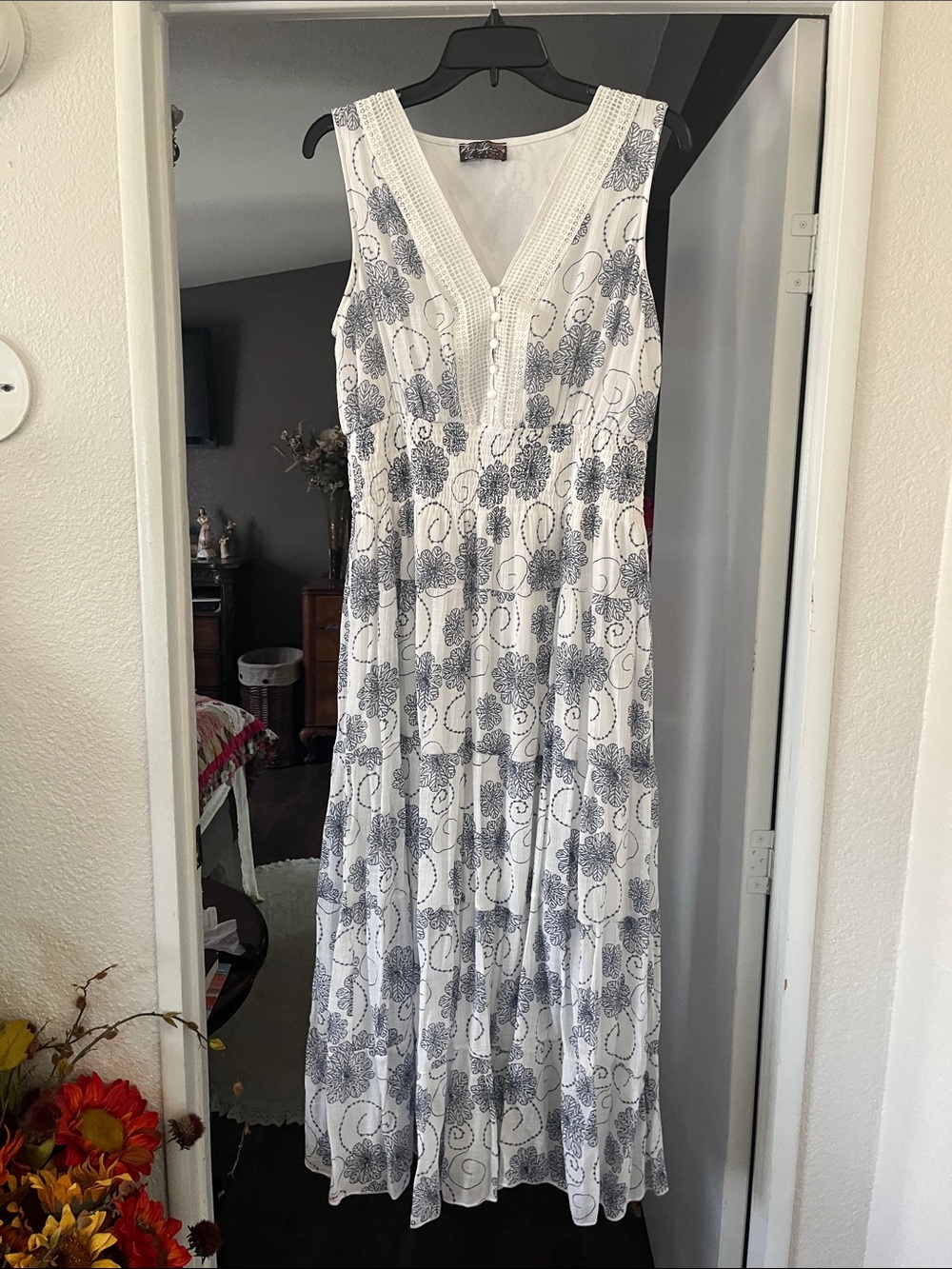 White Maxi Dress with Navy Floral Print and V-Neck please read description